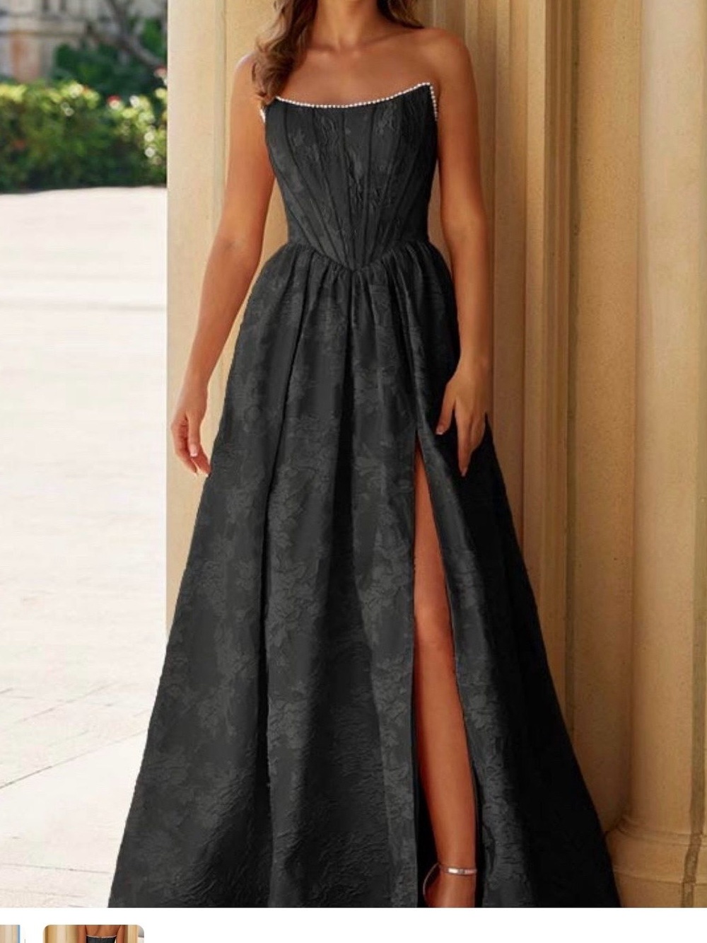 Strapless Black Jacquard Evening Gown with Side Slit